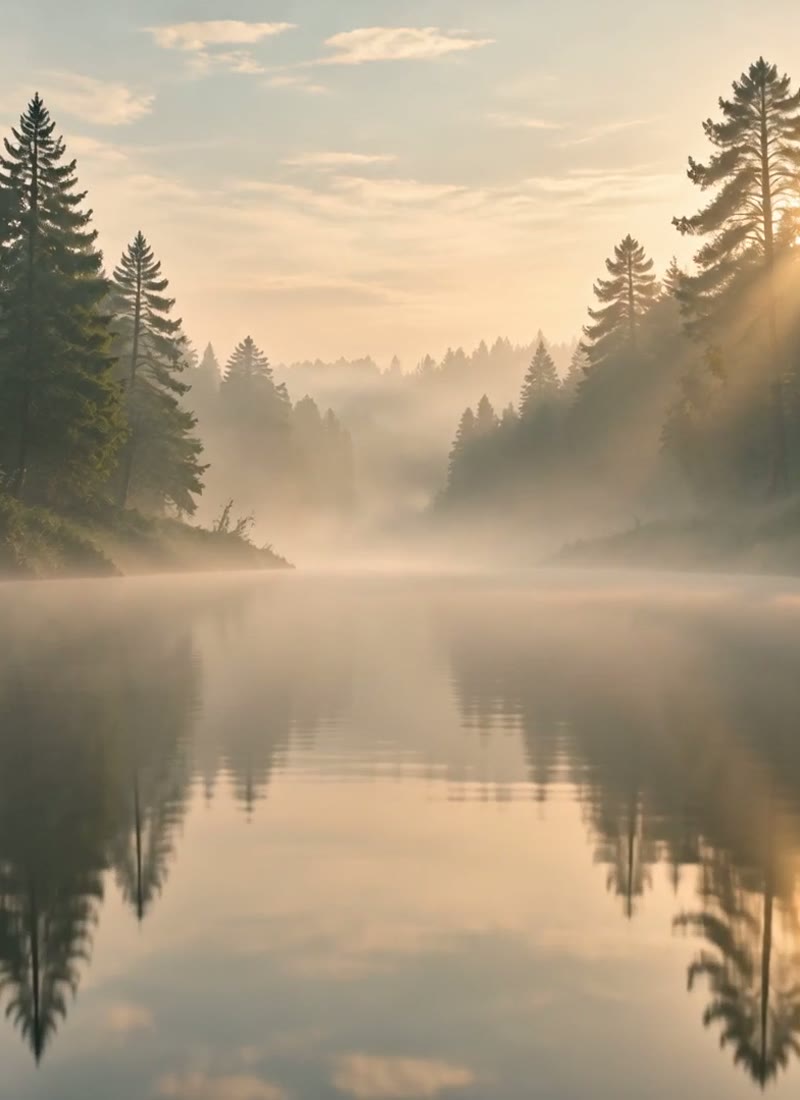 First light breaking through trees over water