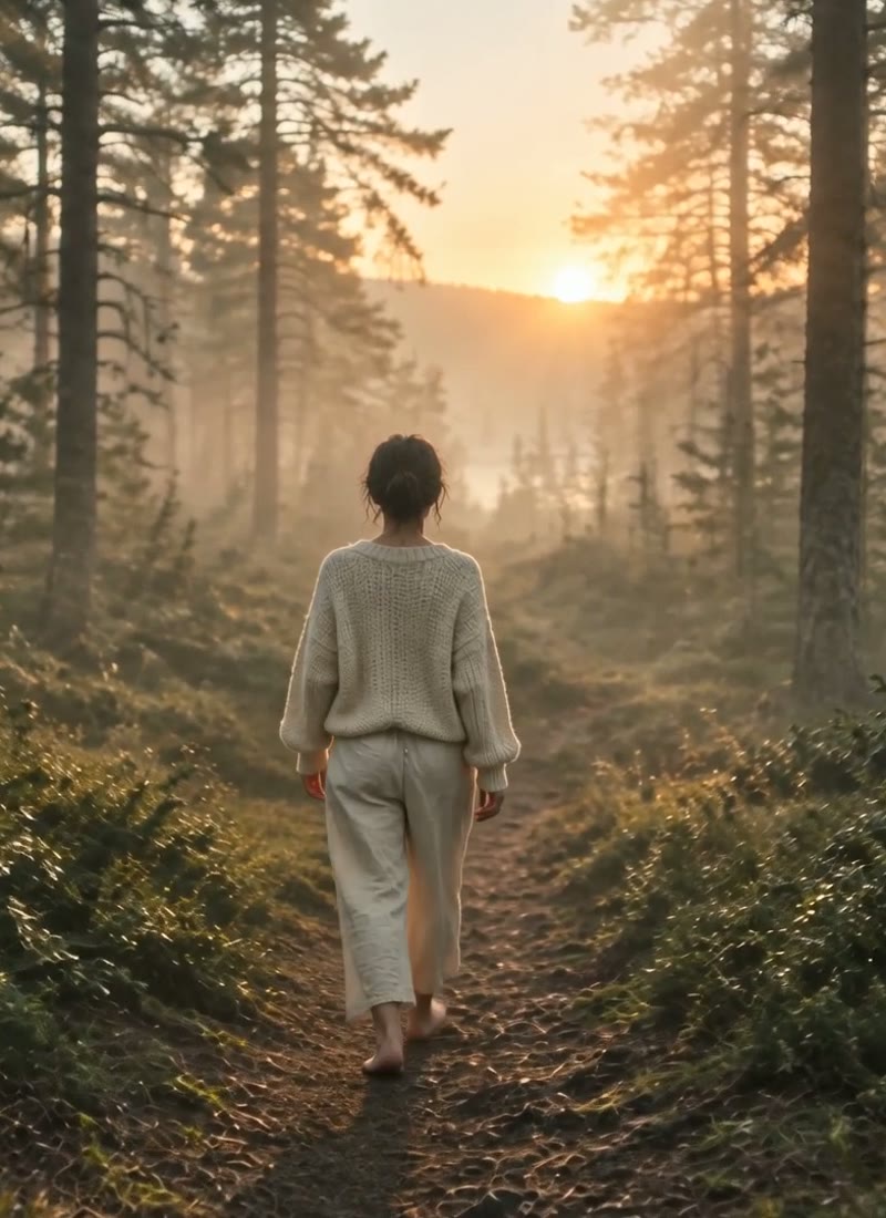 A figure in a cream sweater walking a forest path toward the sunrise